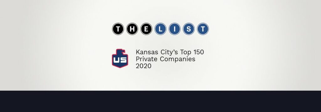A graphic with the title THE LIST and text reading Kansas Citys Top 150 Private Companies 2020 next to a red and blue shield-shaped logo with the letters US.