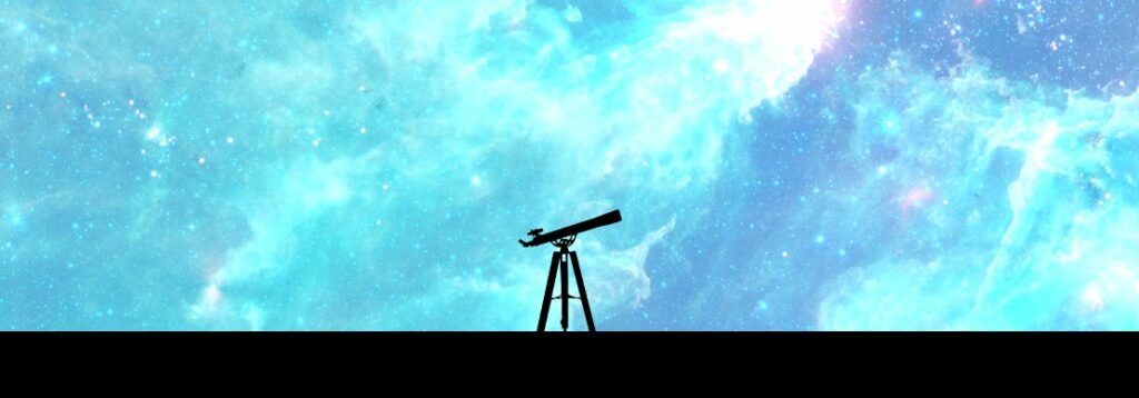 A silhouette of a telescope on a tripod is set against a bright, blue-toned background of stars and nebulae in outer space.