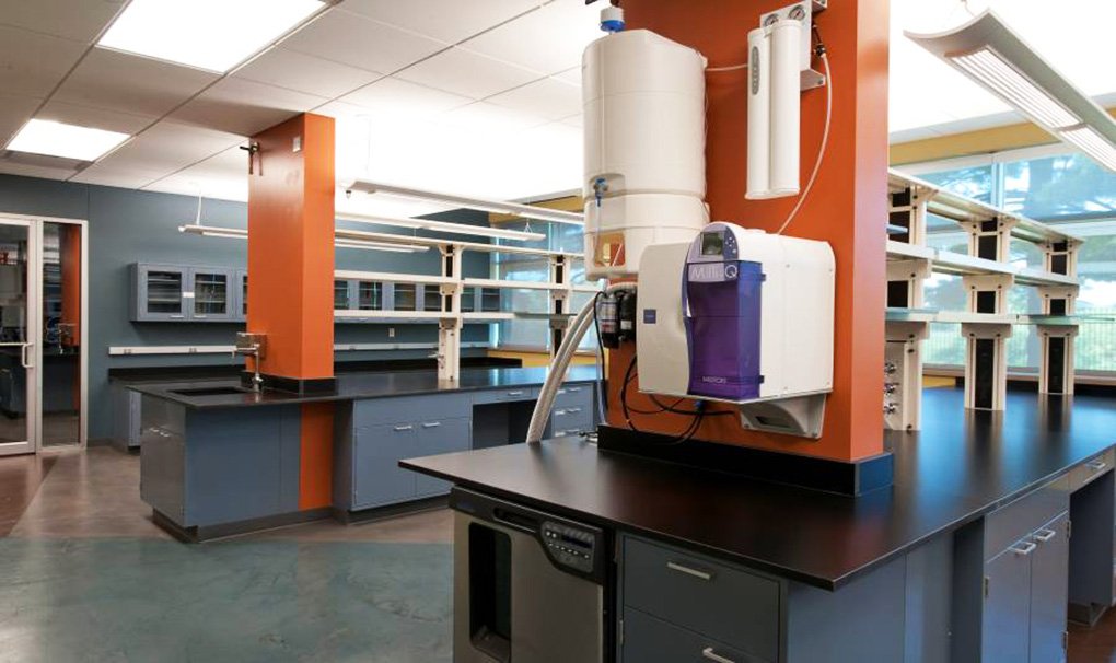 A modern laboratory with black countertops, blue and orange cabinets, shelving, laboratory equipment, and large windows providing natural light. The room is clean, organized, and unoccupied.