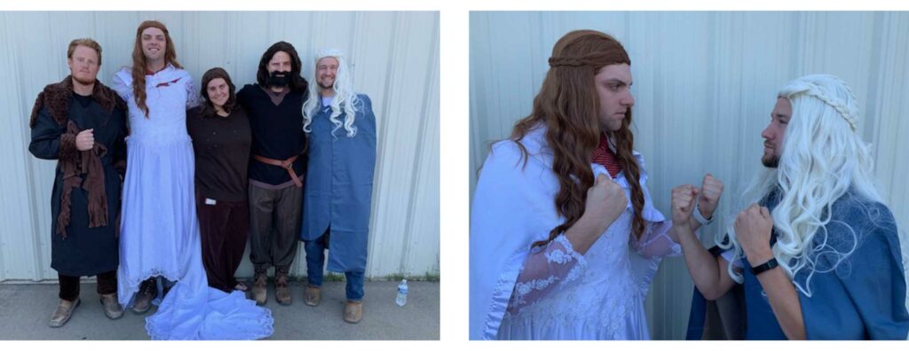A group of five people dressed in costumes pose together outside against a light-colored wall; in the second image, two of them face each other with serious expressions and fists raised as if ready to duel.